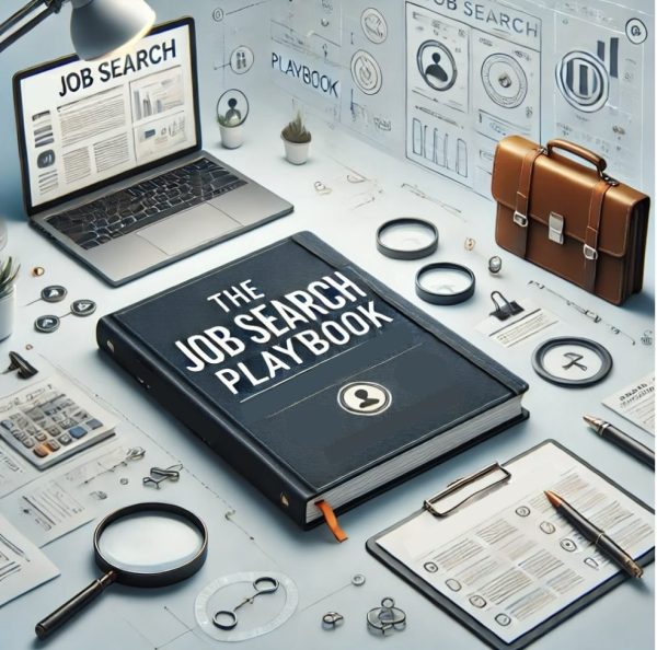 Illustration of a workspace featuring a notebook, laptop, checklist, and briefcase icons, symbolizing effective job search strategies.